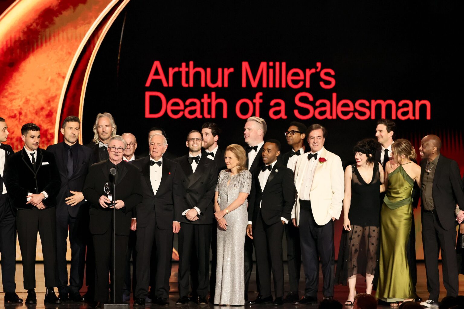 NEW YORK, NEW YORK - JUNE 07: Nathan Lane accepts the Best Revival of a Play award for Arthur Miller's Death of a Salesman alongside cast and crew onstage during The 79th Annual Tony Awards at Radio City Music Hall on June 07, 2026 in New York City. (Photo by Theo Wargo/Getty Images for Tony Awards Productions)