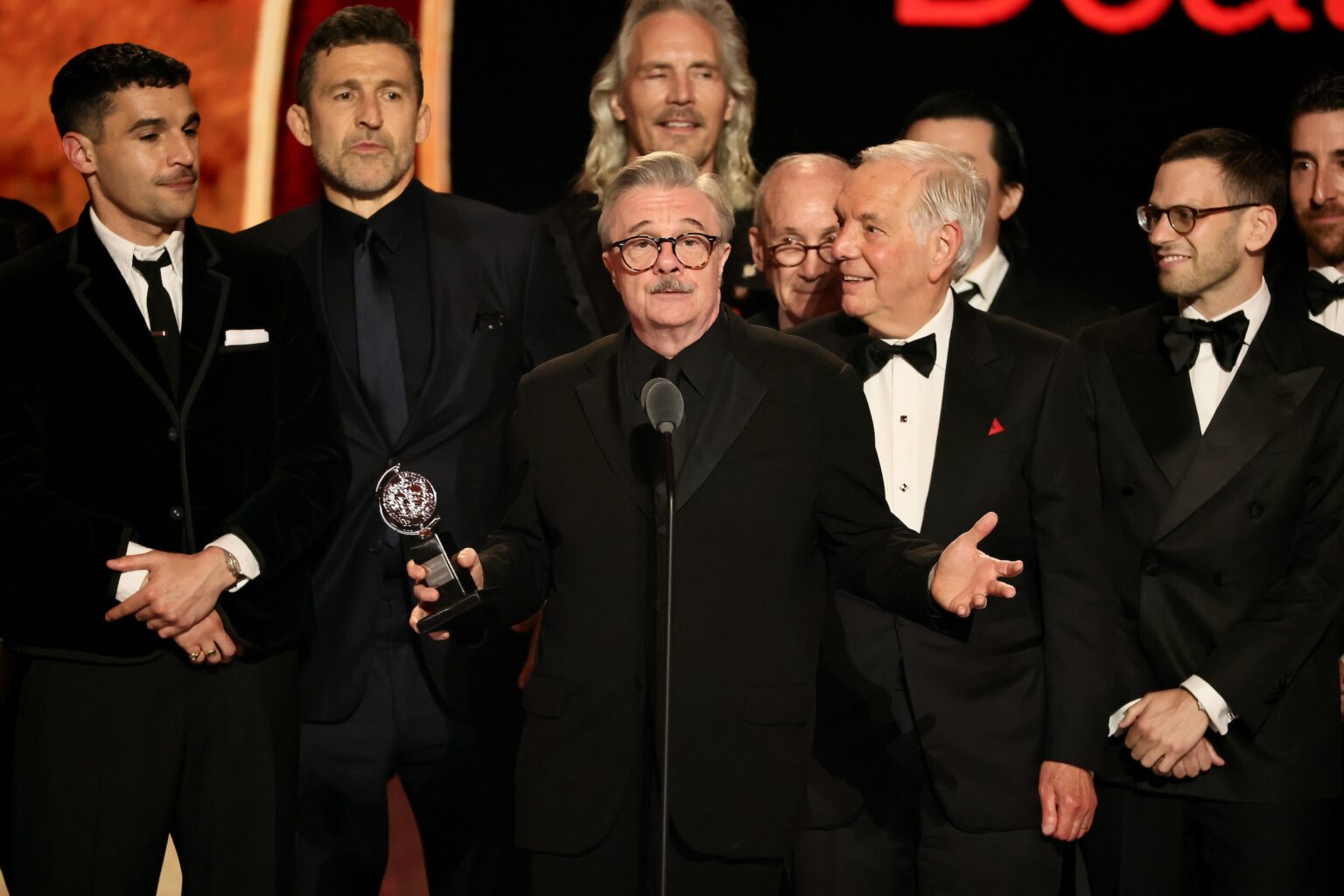 NEW YORK, NEW YORK - JUNE 07: Nathan Lane accepts the Best Revival of a Play award for Arthur Miller's Death of a Salesman alongside cast and crew onstage during The 79th Annual Tony Awards at Radio City Music Hall on June 07, 2026 in New York City. (Photo by Theo Wargo/Getty Images for Tony Awards Productions)
