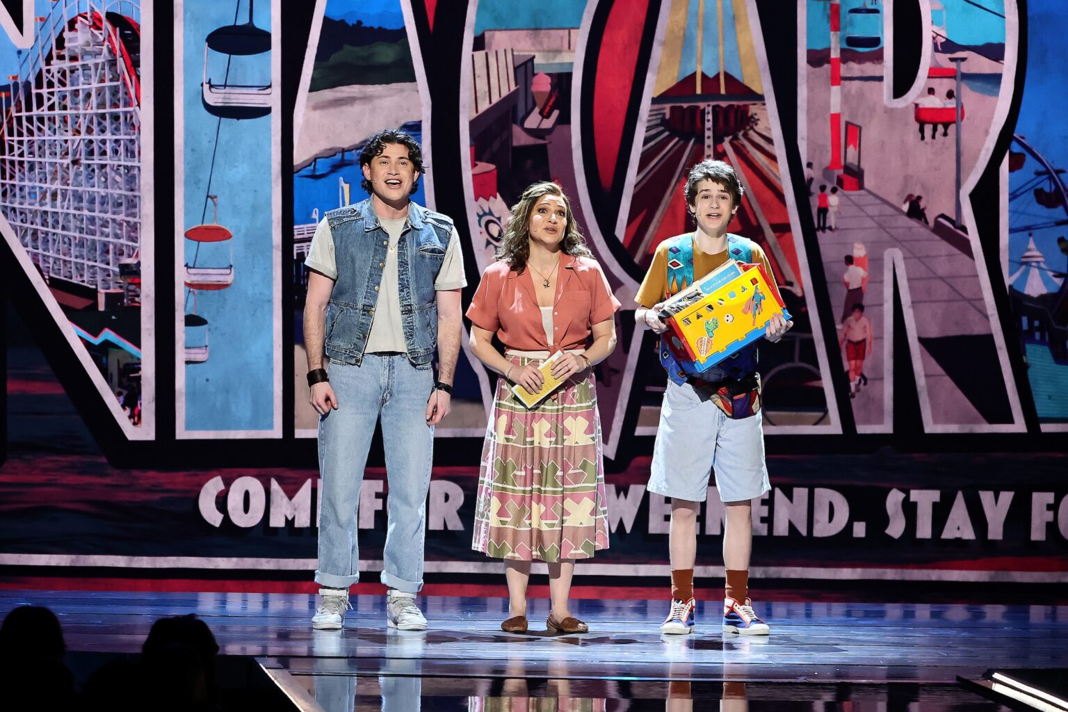 NEW YORK, NEW YORK - JUNE 07: (L-R) LJ Benet, Shoshana Bean and Benjamin Pajak of The Lost Boys perform onstage during The 79th Annual Tony Awards at Radio City Music Hall on June 07, 2026 in New York City. (Photo by Theo Wargo/Getty Images for Tony Awards Productions)