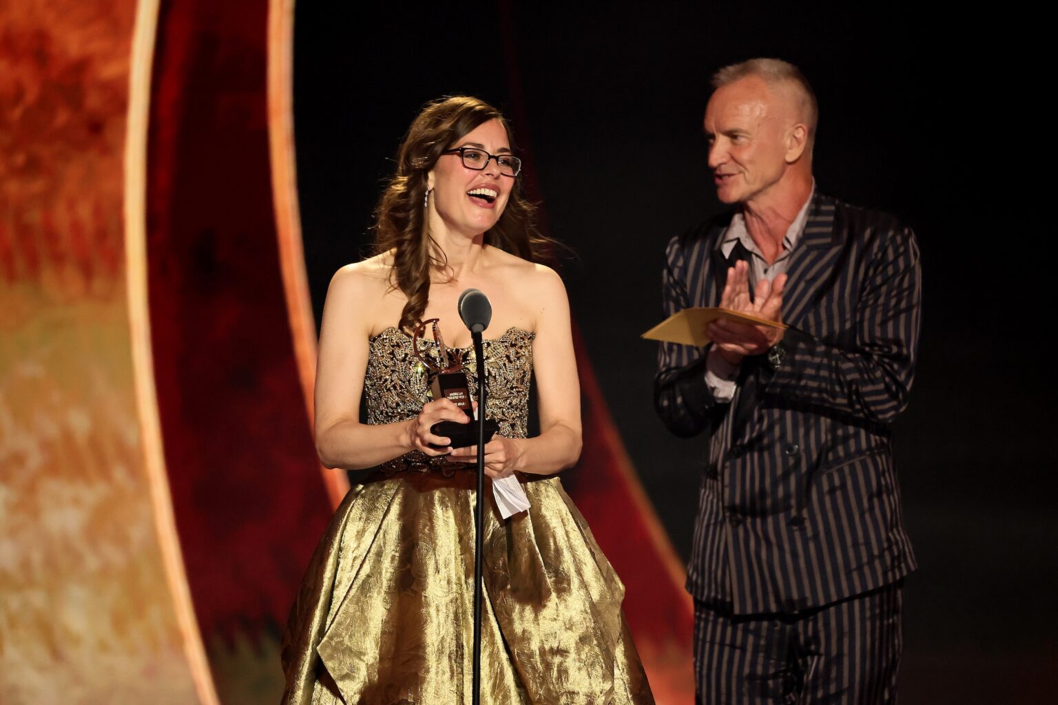 NEW YORK, NEW YORK - JUNE 07: Lear DeBessonet accepts the Best Revival of a Musical award for Ragtime from Sting onstage during The 79th Annual Tony Awards at Radio City Music Hall on June 07, 2026 in New York City. (Photo by Theo Wargo/Getty Images for Tony Awards Productions)