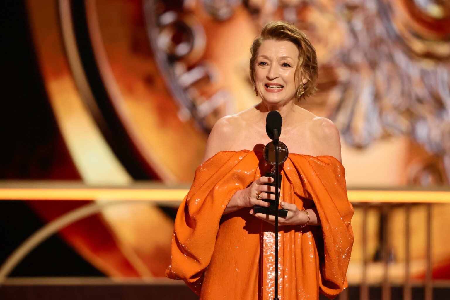 NEW YORK, NEW YORK - JUNE 07: Lesley Manville accepts the Best Performance by an Actress in a Leading Role in a Play award for Oedipus onstage during The 79th Annual Tony Awards at Radio City Music Hall on June 07, 2026 in New York City. (Photo by Theo Wargo/Getty Images for Tony Awards Productions)