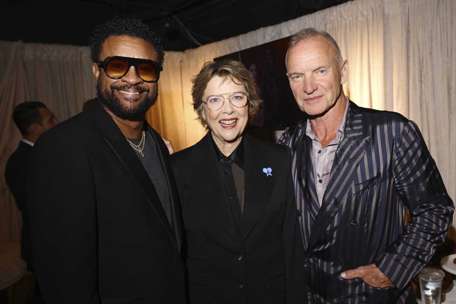 NEW YORK, NEW YORK - JUNE 07: (L-R) Shaggy, Annette Bening and Sting attend The 79th Annual Tony Awards Green Room Presented By Cunard at Radio City Music Hall on June 07, 2026 in New York City. (Photo by Valerie Terranova/Getty Images for Cunard)