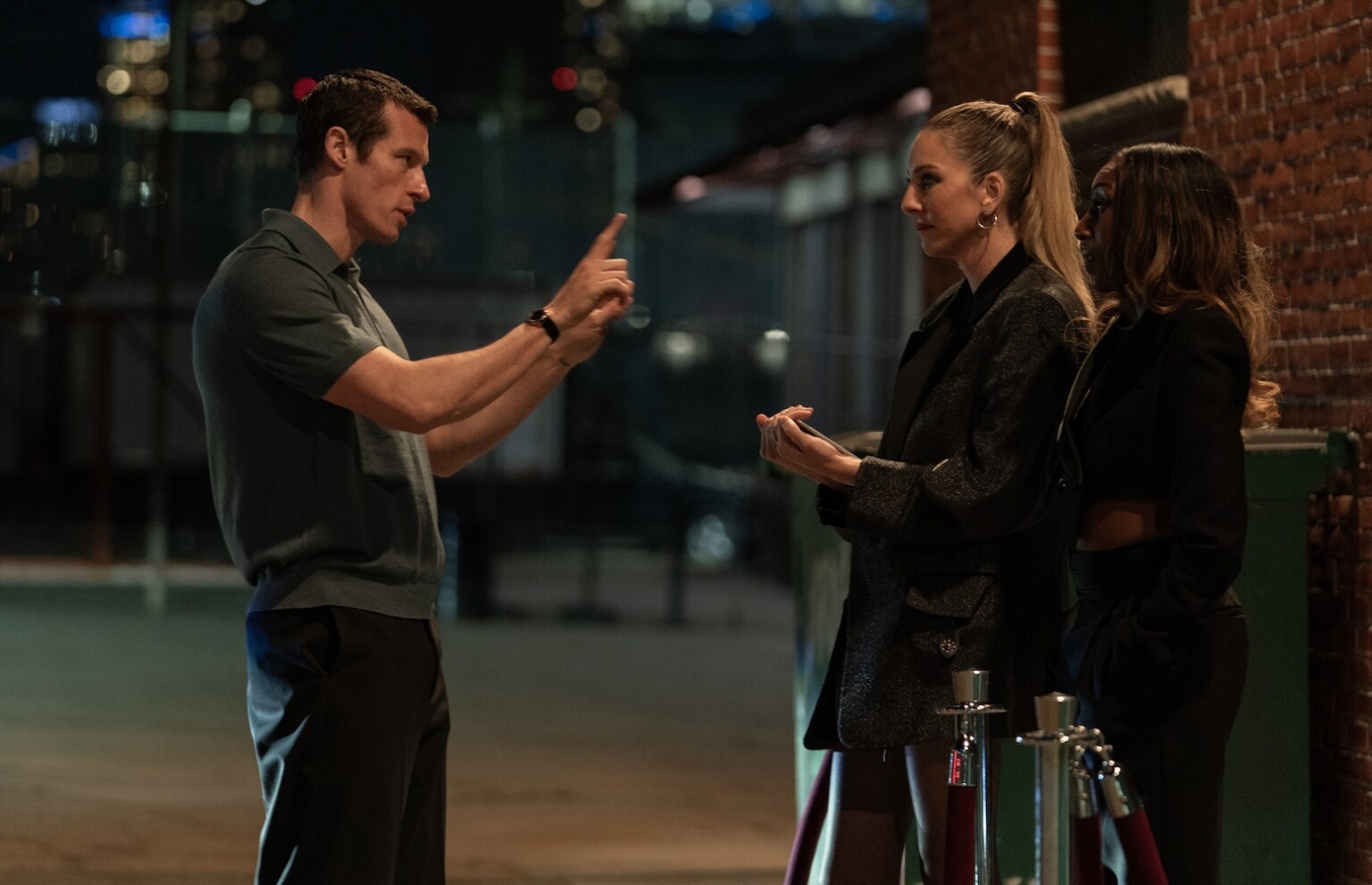 (From left) Owen (Callum Turner), Aura (Este Haim) and Bethia (Ziwe) in One Night Only, directed by Will Gluck.