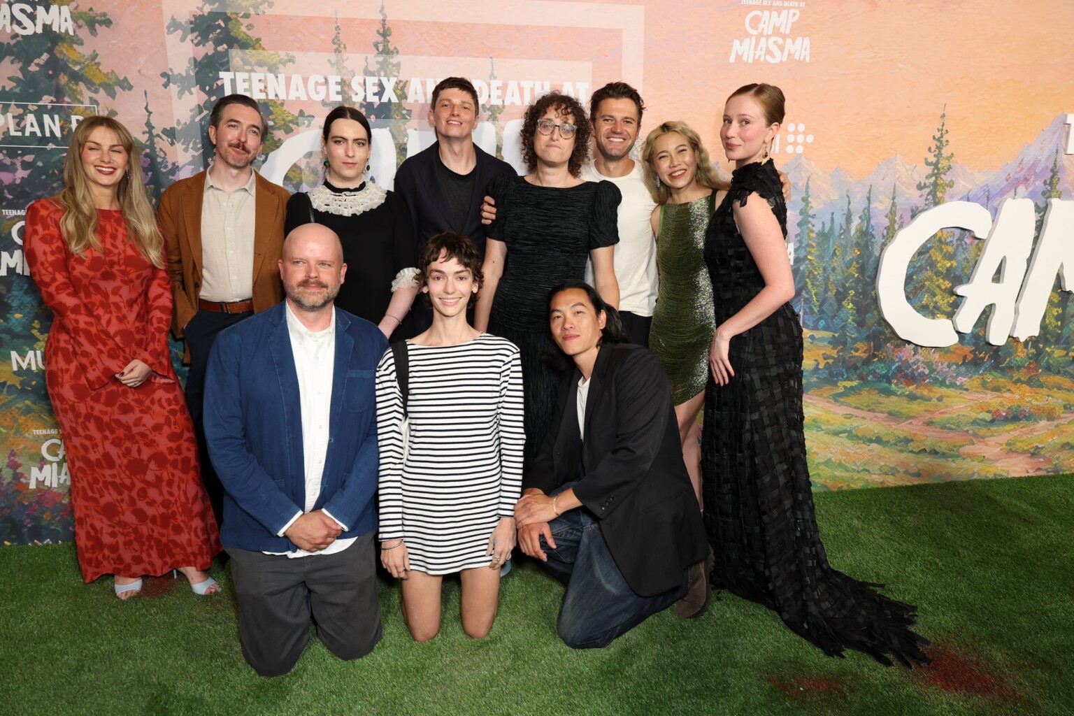 LOS ANGELES, CALIFORNIA - JULY 29: (L-R) Kendra Tarpenning, Matthew Hyland, Graham Mason, Sepi Mashiahof, Brandon Tonner-Connolly, Jack Haven, Jane Schoenbrun, Willy McGee, Eric K. Yue, Caddy Vanasirikul and Hannah Einbinder seen at the Special Screening of Mubi's "Teenage Sex and Death at Camp Miasma" at DGA Theatre on July 29, 2026 in Los Angeles, California. (Photo by JC Olivera/Mubi via Getty Images)