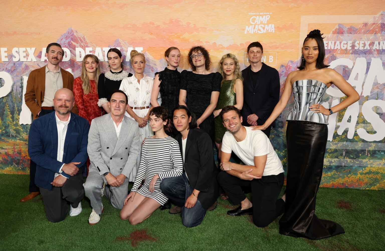 LOS ANGELES, CALIFORNIA - JULY 29: (L-R) Matthew Hyland, Graham Mason, Kendra Tarpenning, Sepi Mashiahof, Patrick Fischler, Gillian Anderson, Jack Haven, Hannah Einbinder, Eric K. Yue, Jane Schoenbrun, Caddy Vanasirikul, Willy McGee, Brandon Tonner-Connolly and Jasmin Savoy Brown seen at the Special Screening of Mubi's "Teenage Sex and Death at Camp Miasma" at DGA Theatre on July 29, 2026 in Los Angeles, California. (Photo by JC Olivera/Mubi via Getty Images)