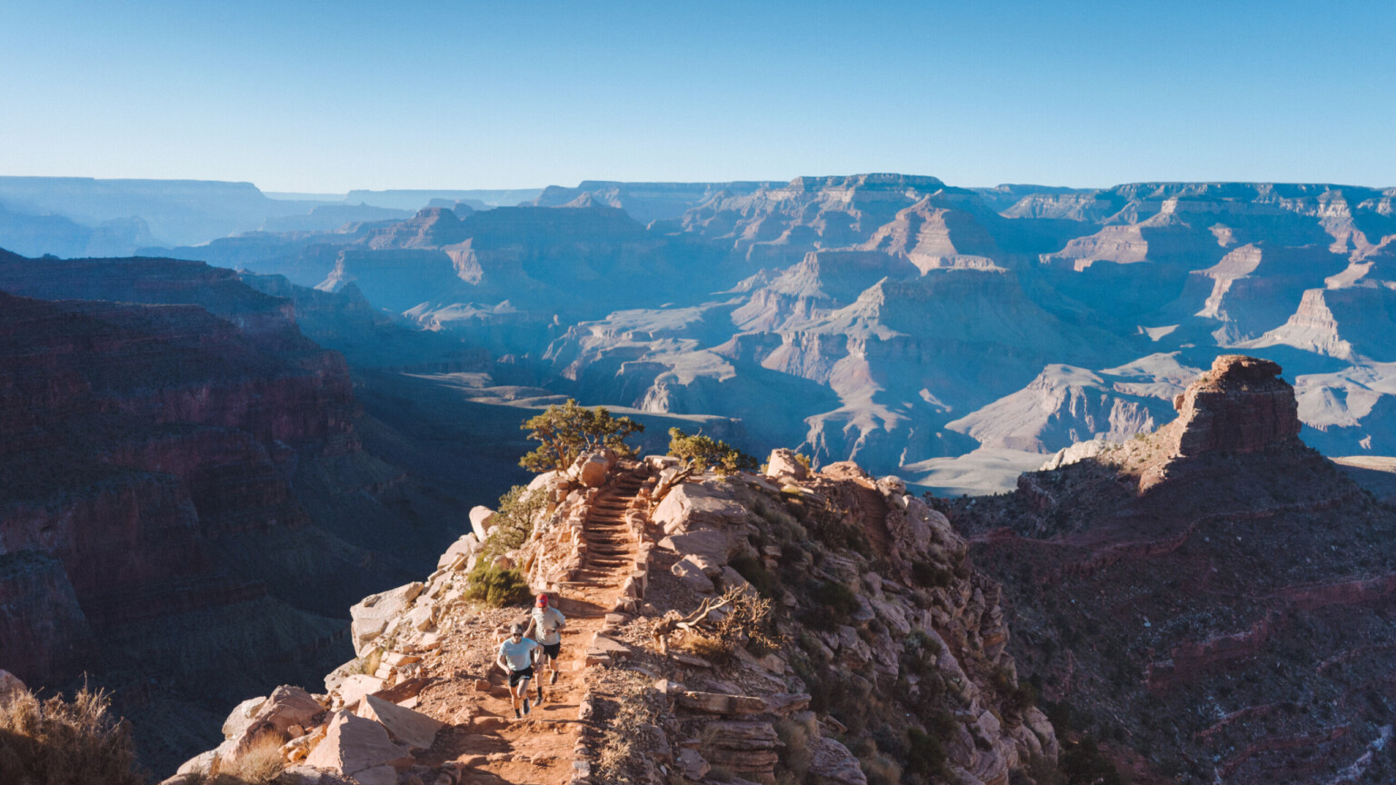 Jim Walmsley and Jess Brazeau running the South Kaibab Trail in Grand Canyon National Park. Photo Credit: Max Lowe