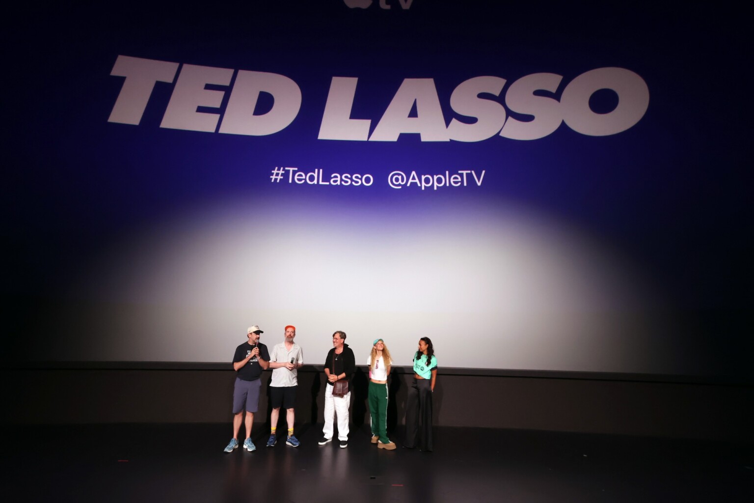 KANSAS CITY, MISSOURI - JULY 12: Jason Sudeikis, Brendan Hunt, Jeremy Swift, Juno Temple and Abbie Hern attend a local screening celebrating season four of the Apple TV series “Ted Lasso” at the Regnier Extreme Screen in Kansas City. Season four of “Ted Lasso” premieres globally on Apple TV on Wednesday, August 5, 2026. (Photo by Eric Charbonneau/Apple TV via Getty Images)