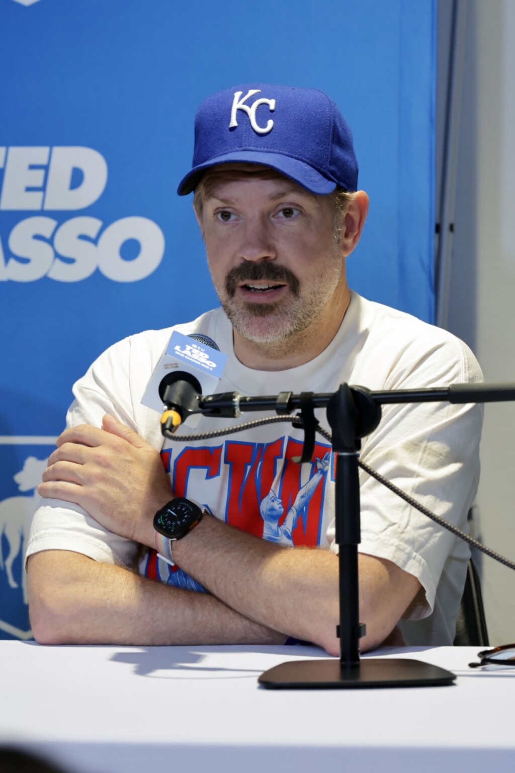 KANSAS CITY, MISSOURI - JULY 11: Jason Sudeikis attends a press conference and welcomes fans to “Ted Lasso” Night fan event at CPCK Stadium in Kansas City, celebrating season four of the Apple TV series “Ted Lasso.” Season four of “Ted Lasso” premieres globally on Apple TV on Wednesday, August 5, 2026. (Photo by Eric Charbonneau/Apple TV via Getty Images)