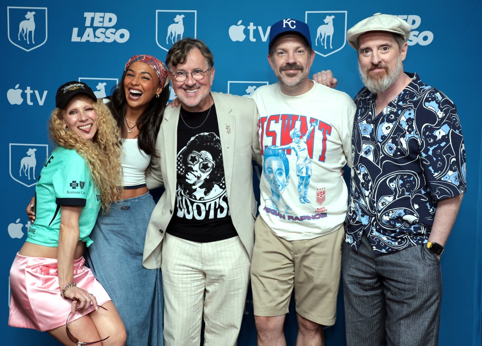 KANSAS CITY, MISSOURI - JULY 11: Juno Temple, Abbie Hern, Jeremy Swift, Jason Sudeikis and Brendan Hunt attend a press conference and welcomes fans to “Ted Lasso” Night fan event at CPCK Stadium in Kansas City, celebrating season four of the Apple TV series “Ted Lasso.” Season four of “Ted Lasso” premieres globally on Apple TV on Wednesday, August 5, 2026. (Photo by Eric Charbonneau/Apple TV via Getty Images)