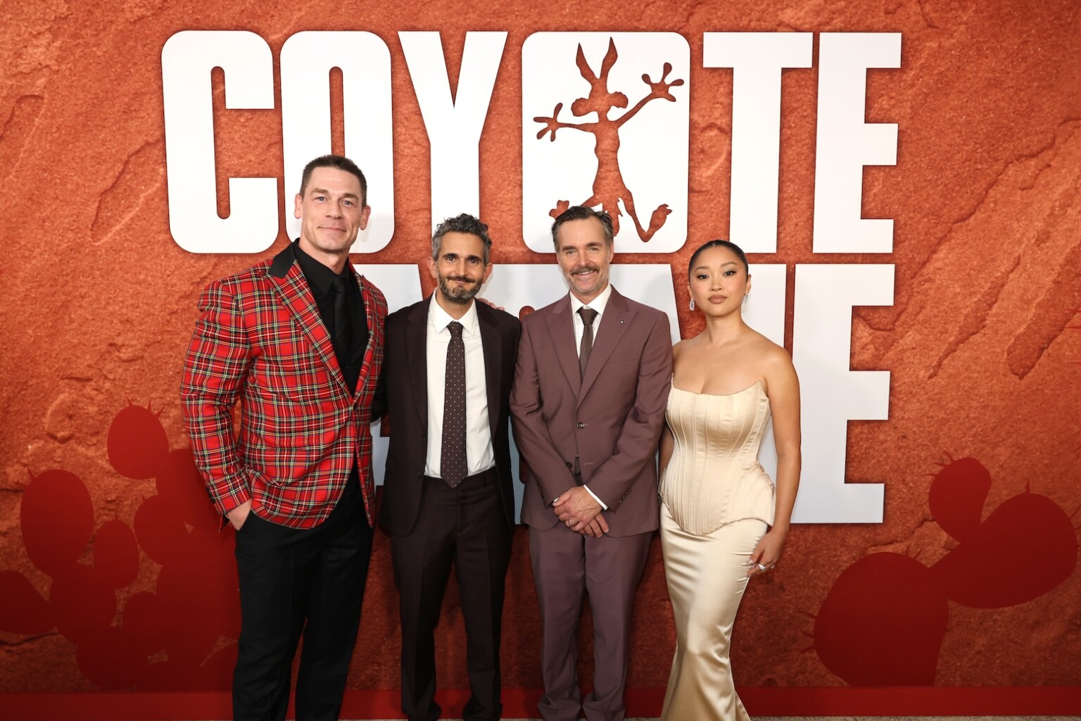 LOS ANGELES, CALIFORNIA - AUGUST 26: (L-R) John Cena, Dave Green, Will Forte and Lana Condor are seen at the Los Angeles Premiere of Ketchup Entertainment's "Coyote Vs Acme" at Westwood Village Theater on August 26, 2026 in Los Angeles, California. (Photo by Eric Charbonneau/Ketchup Entertainment via Getty Images)