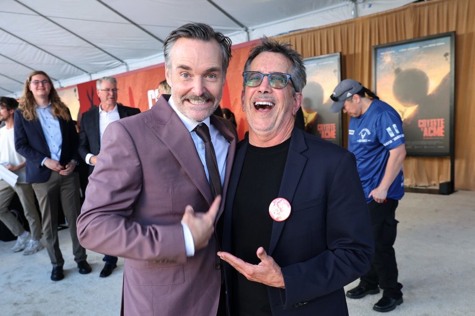 LOS ANGELES, CALIFORNIA - AUGUST 26: Will Forte (L) and Christopher DeFaria are seen at the Los Angeles Premiere of Ketchup Entertainment's "Coyote Vs Acme" at Westwood Village Theater on August 26, 2026 in Los Angeles, California. (Photo by Eric Charbonneau/Ketchup Entertainment via Getty Images)
