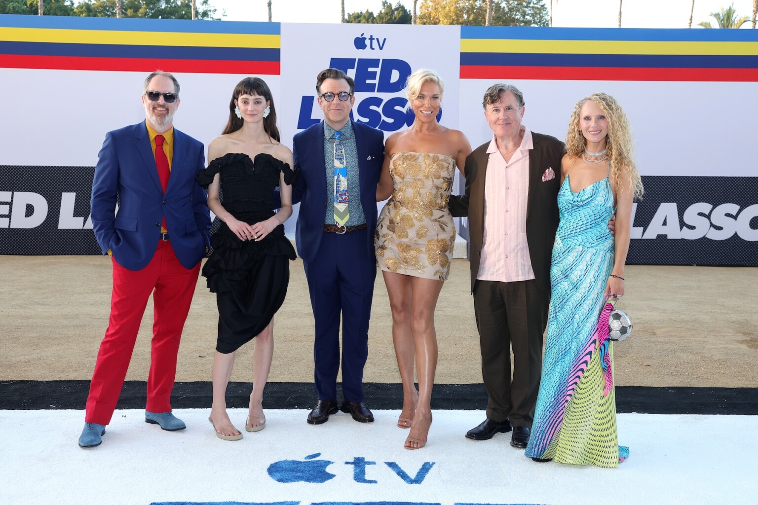 LOS ANGELES, CALIFORNIA - JULY 27: (L-R) Brendan Hunt, Tanya Reynolds, Jason Sudeikis, Hannah Waddingham, Jeremy Swift and Juno Temple attend the world premiere celebrating season four of the Apple TV beloved series “Ted Lasso” at Academy Museum of Motion Pictures on July 27, 2026 in Los Angeles, California. The new season of “Ted Lasso” premieres globally on Apple TV on Wednesday, August 5, 2026. (Photo by Stewart Cook/Apple TV via Getty Images)