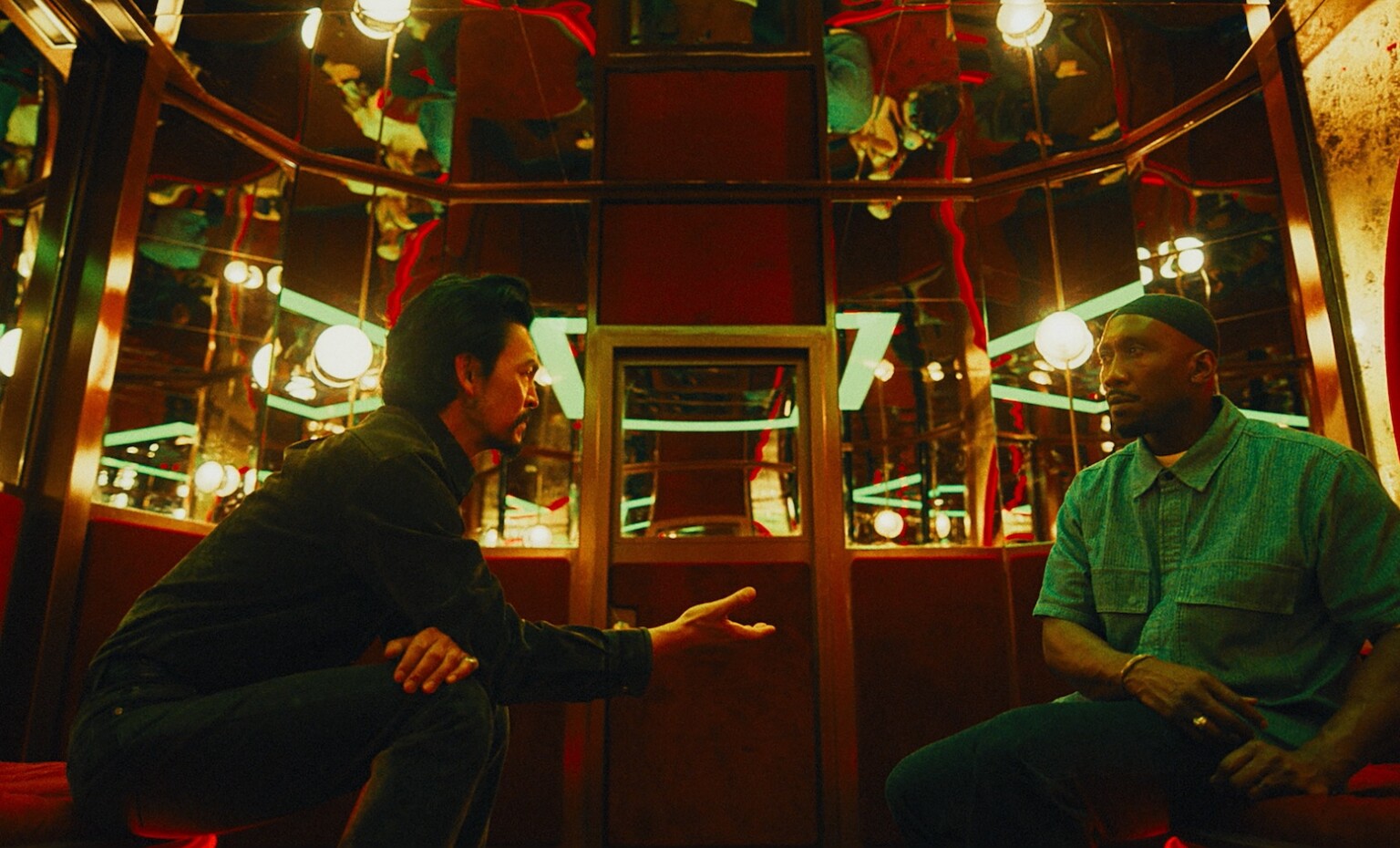 (L to R) John Cho as Pastor Hwan and Mahershala Ali as Latif in YOUR MOTHER YOUR MOTHER YOUR MOTHER, from Amazon MGM Studios. Photo Credit: Courtesy of Amazon MGM Studios © 2026 Amazon Content Services LLC. All Rights Reserved.