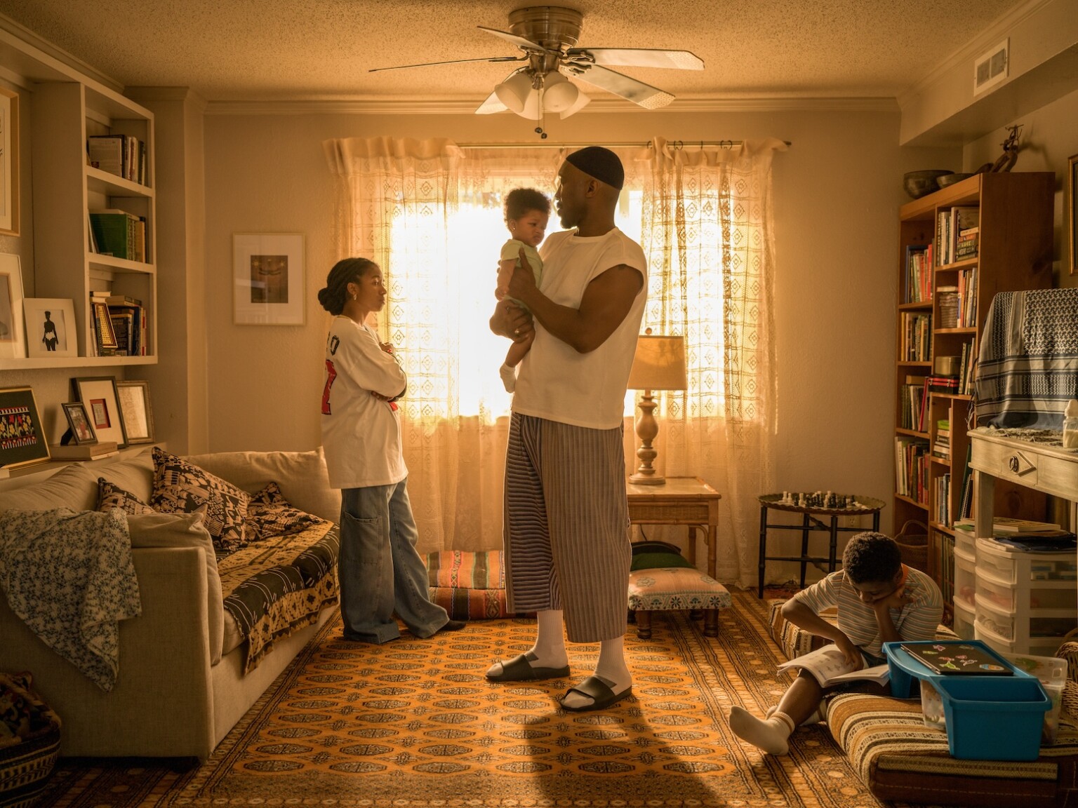 (L to R) Adia as Fatiha, Mahershala Ali as Latif and Jahleel Kamara as Qadir in YOUR MOTHER YOUR MOTHER YOUR MOTHER, from Amazon MGM Studios. Photo Credit: Jaclyn Martinez © 2026 Amazon Content Services LLC. All Rights Reserved.