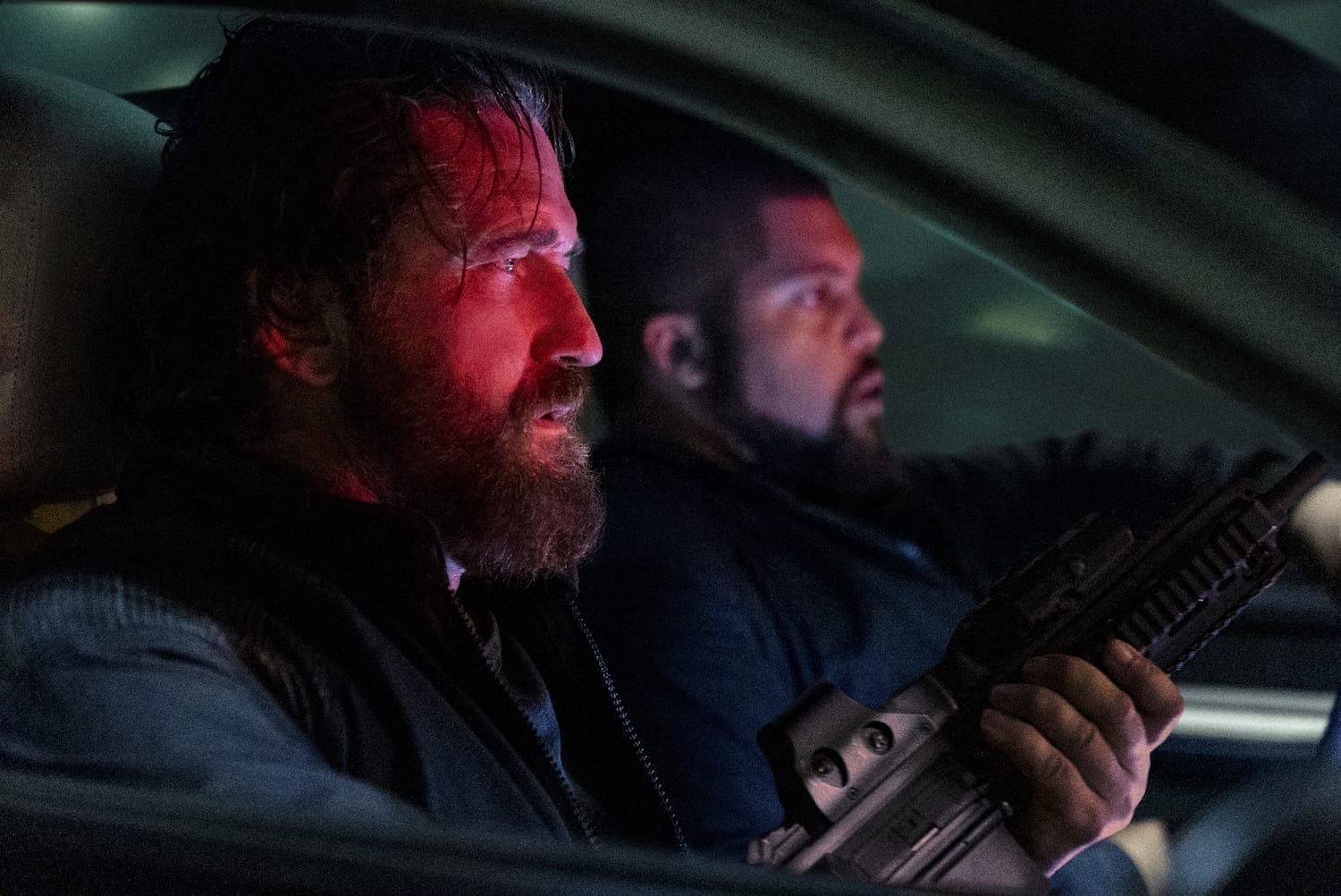 Gerard Butler as 'Big Nick' O'Brien and O’Shea Jackson Jr. as Donnie Wilson in Den of Thieves 2: Panthera. Photo Credit: Rico Torres.