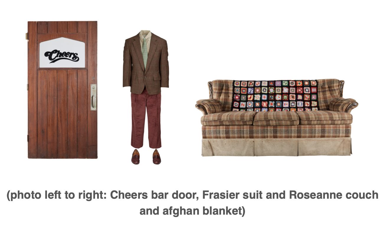 photo left to right Cheers bar door, Frasier suit and Roseanne couch and afghan blanket