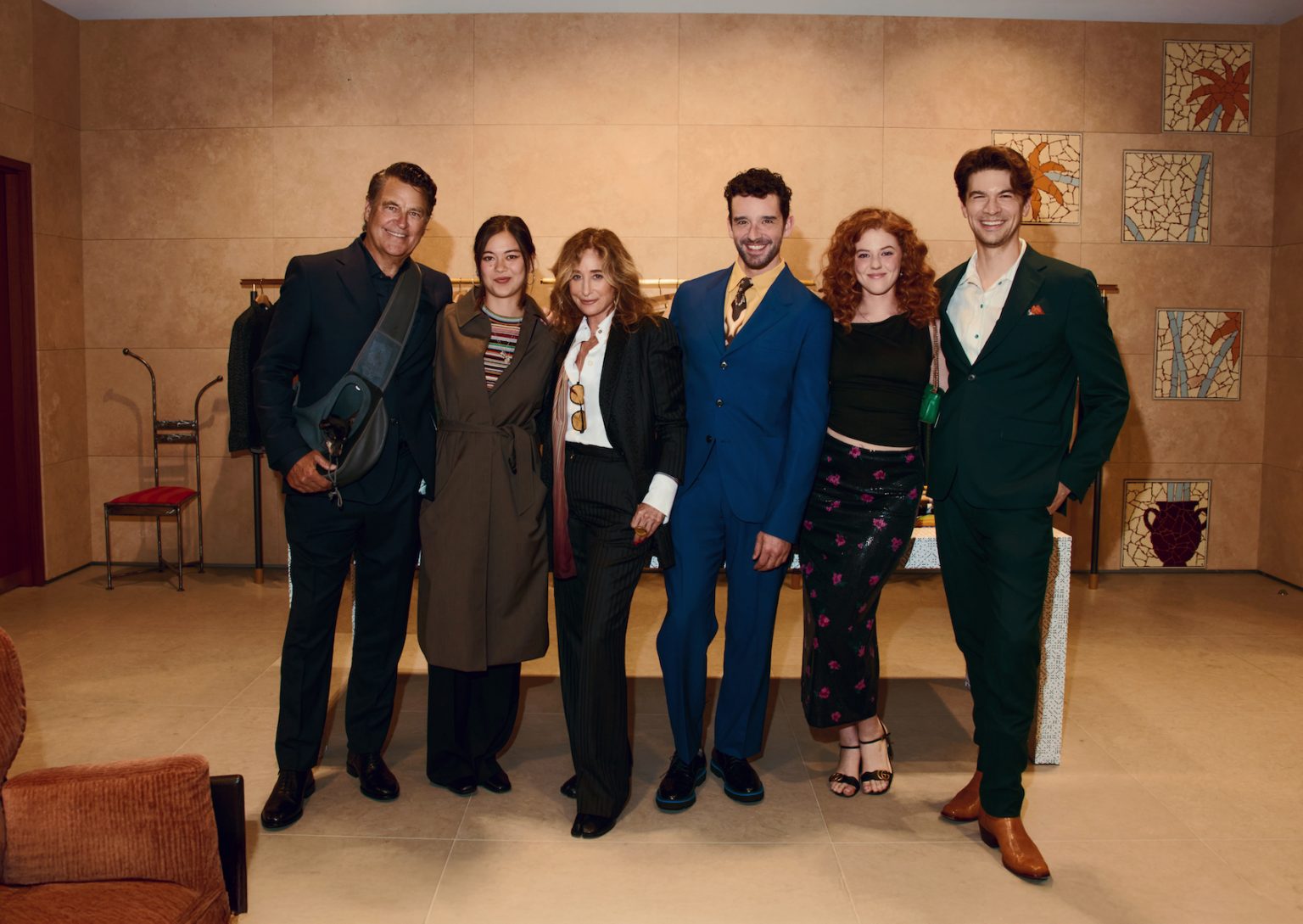 Ted McGinley, Lukita Maxwell, Allyson Fanger, Michael Urie, Rachel Stubington and Devin Kawaoka attend the Paul Smith X "Shrinking" costume event at Paul Smith on June 12, 2025 in Los Angeles, California.