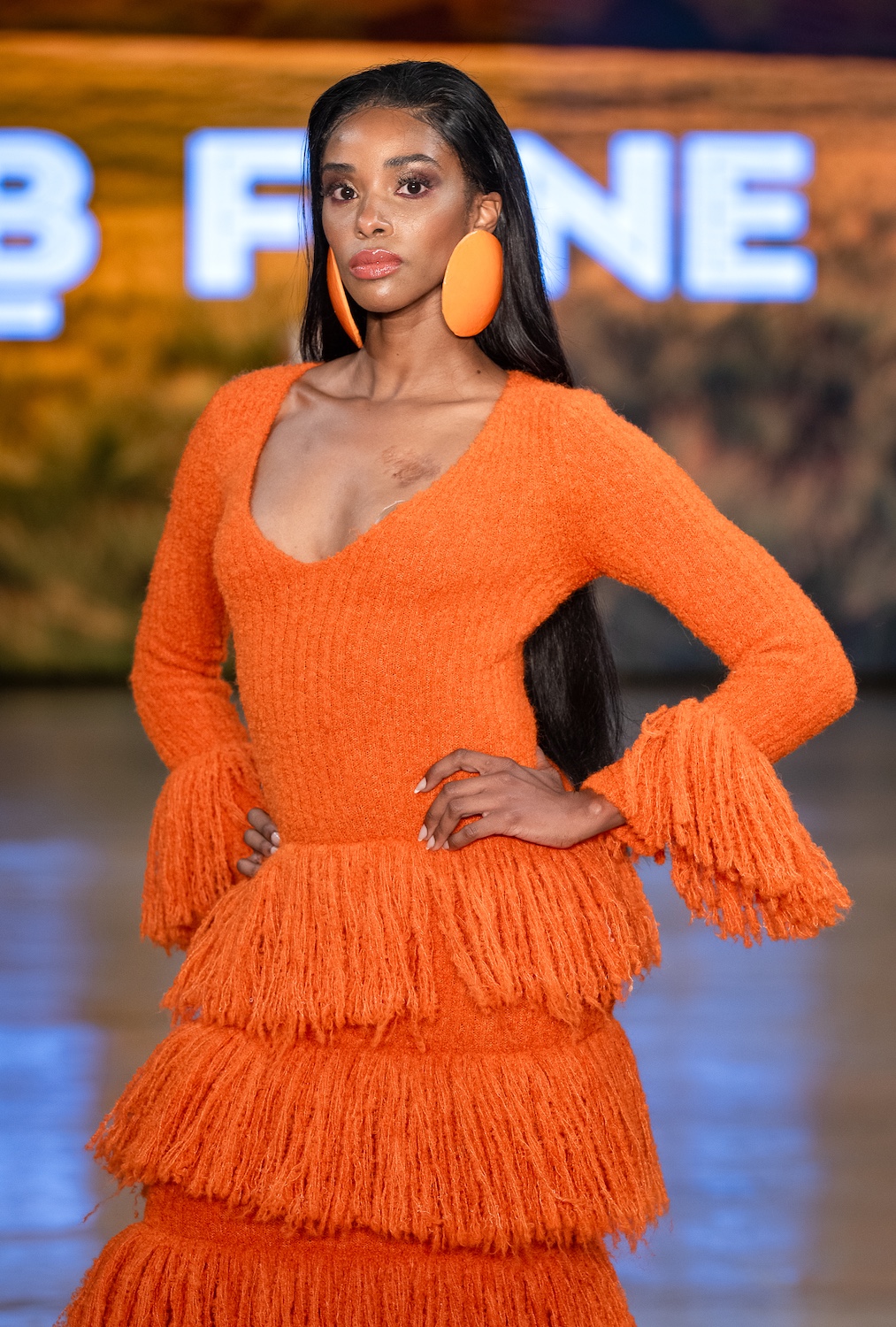 LOS ANGELES, CALIFORNIA - OCTOBER 18: A model walks the runway at the BFYNE show during Los Angeles Fashion Week Powered By Art Hearts Fashion at The New Mart on October 18, 2025 in Los Angeles, California. (Photo by Mark Gunter/Getty Images for Art Hearts Fashion)