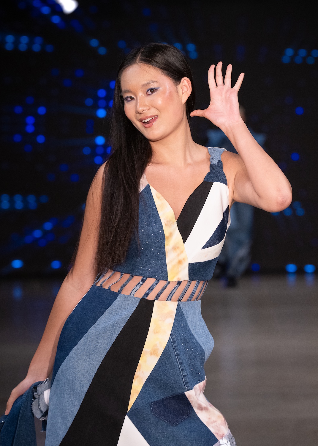 LOS ANGELES, CALIFORNIA - OCTOBER 18: A model walks the runway at the Upcycle Denim & Sustainability Project 2025 show during Los Angeles Fashion Week Powered By Art Hearts Fashion at The New Mart on October 18, 2025 in Los Angeles, California. (Photo by Mark Gunter/Getty Images for Art Hearts Fashion)