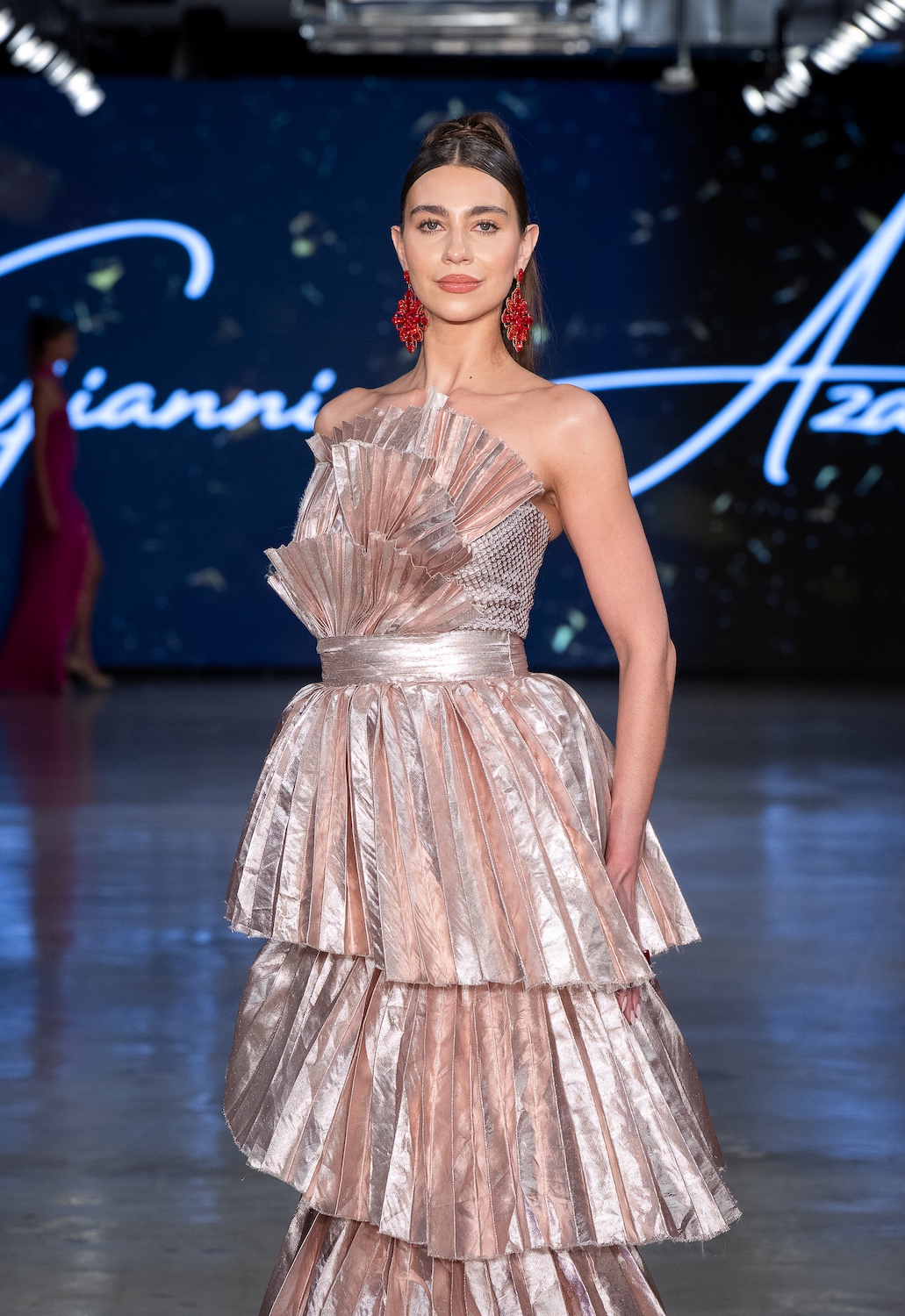 LOS ANGELES, CALIFORNIA - OCTOBER 18: A model walks the runway at the Giannina Azar show during Los Angeles Fashion Week Powered By Art Hearts Fashion at The New Mart on October 18, 2025 in Los Angeles, California. (Photo by Mark Gunter/Getty Images for Art Hearts Fashion)