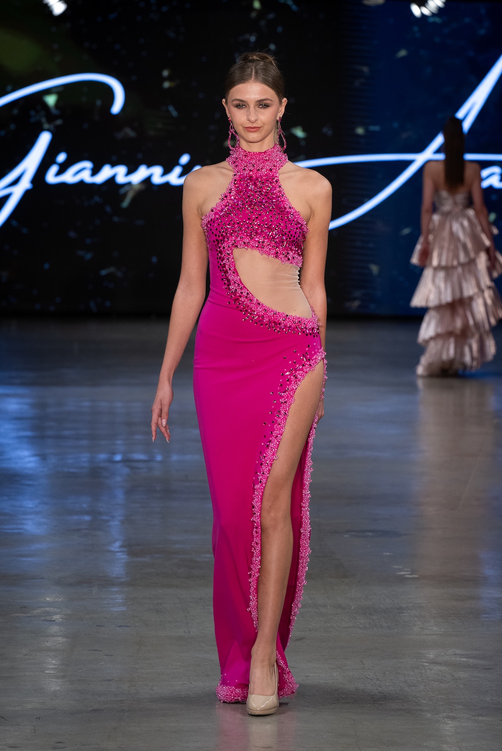 LOS ANGELES, CALIFORNIA - OCTOBER 18: A model walks the runway at the Giannina Azar show during Los Angeles Fashion Week Powered By Art Hearts Fashion at The New Mart on October 18, 2025 in Los Angeles, California. (Photo by Mark Gunter/Getty Images for Art Hearts Fashion)