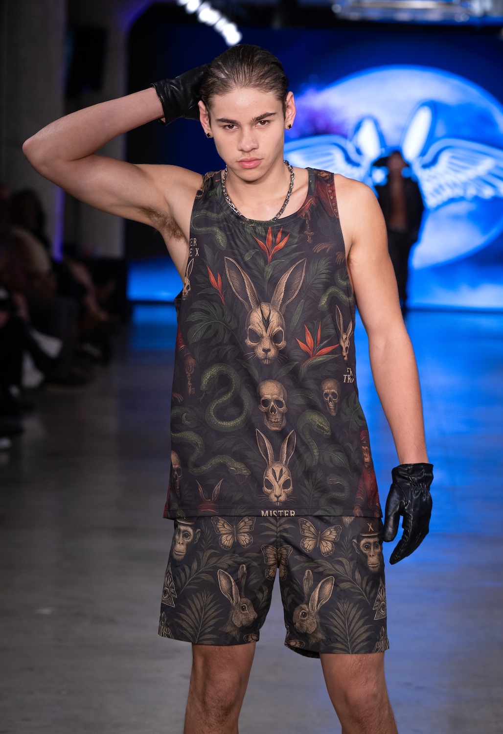 LOS ANGELES, CALIFORNIA - OCTOBER 18: Model Brayden Jacobs walks the runway at the Mister Triple X show during Los Angeles Fashion Week Powered By Art Hearts Fashion at The New Mart on October 18, 2025 in Los Angeles, California. (Photo by Mark Gunter/Getty Images for Art Hearts Fashion)