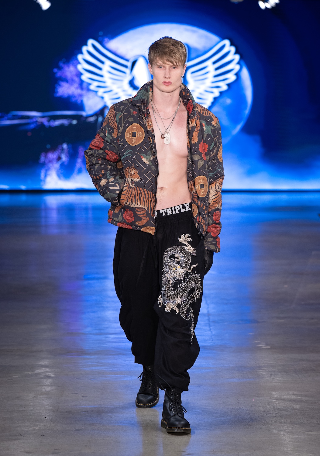 LOS ANGELES, CALIFORNIA - OCTOBER 18: Model Chance McCord walks the runway at the Mister Triple X show during Los Angeles Fashion Week Powered By Art Hearts Fashion at The New Mart on October 18, 2025 in Los Angeles, California. (Photo by Mark Gunter/Getty Images for Art Hearts Fashion)