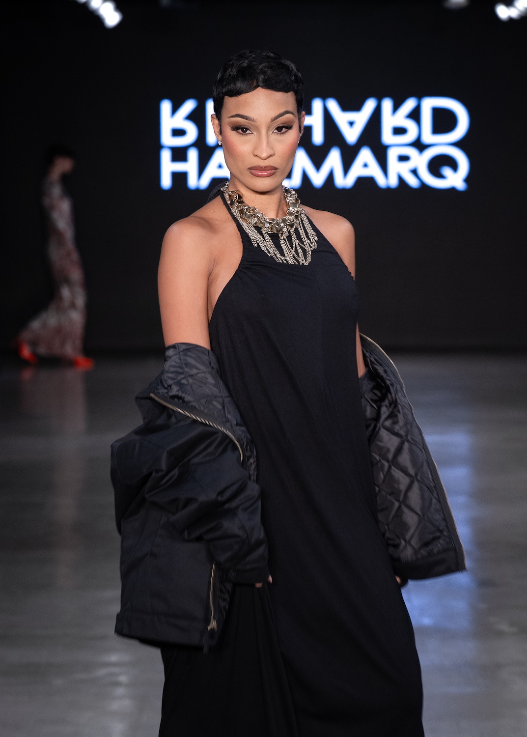 LOS ANGELES, CALIFORNIA - OCTOBER 18: A model walks the runway at the Richard Hallmarq show during Los Angeles Fashion Week Powered By Art Hearts Fashion at The New Mart on October 18, 2025 in Los Angeles, California. (Photo by Mark Gunter/Getty Images for Art Hearts Fashion)