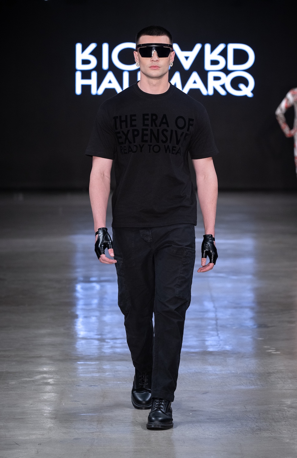 LOS ANGELES, CALIFORNIA - OCTOBER 18: A model walks the runway at the Richard Hallmarq show during Los Angeles Fashion Week Powered By Art Hearts Fashion at The New Mart on October 18, 2025 in Los Angeles, California. (Photo by Mark Gunter/Getty Images for Art Hearts Fashion)