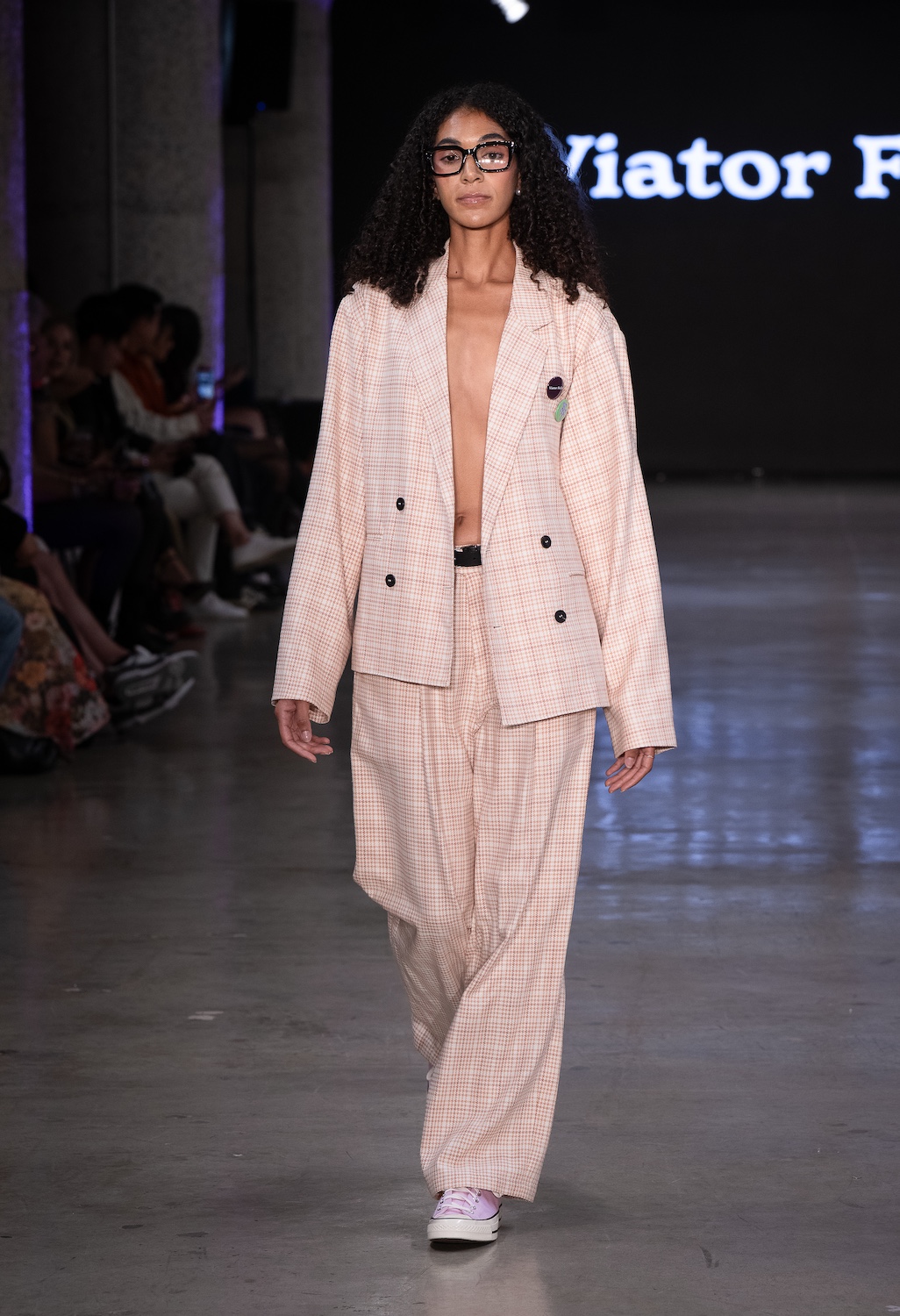 LOS ANGELES, CALIFORNIA - OCTOBER 18: A model walks the runway at the Viator Felis show during Los Angeles Fashion Week Powered By Art Hearts Fashion at The New Mart on October 18, 2025 in Los Angeles, California. (Photo by Mark Gunter/Getty Images for Art Hearts Fashion)