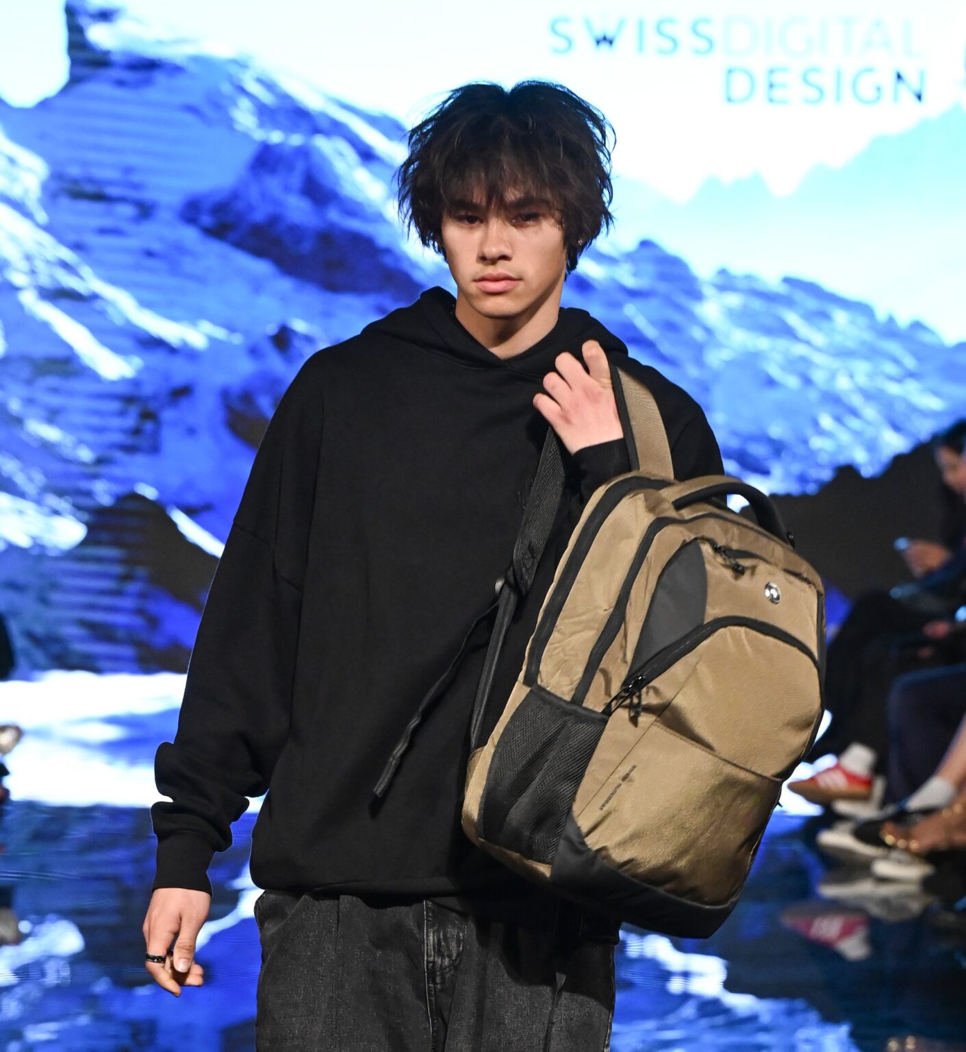 LOS ANGELES, CALIFORNIA - MARCH 13: A model walks the runway at the Swiss Digital Design show during Los Angeles Fashion Week Powered By Art Hearts Fashion at The Majestic on March 13, 2026 in Los Angeles, California. (Photo by Mark Gunter/Getty Images for Art Hearts Fashion)